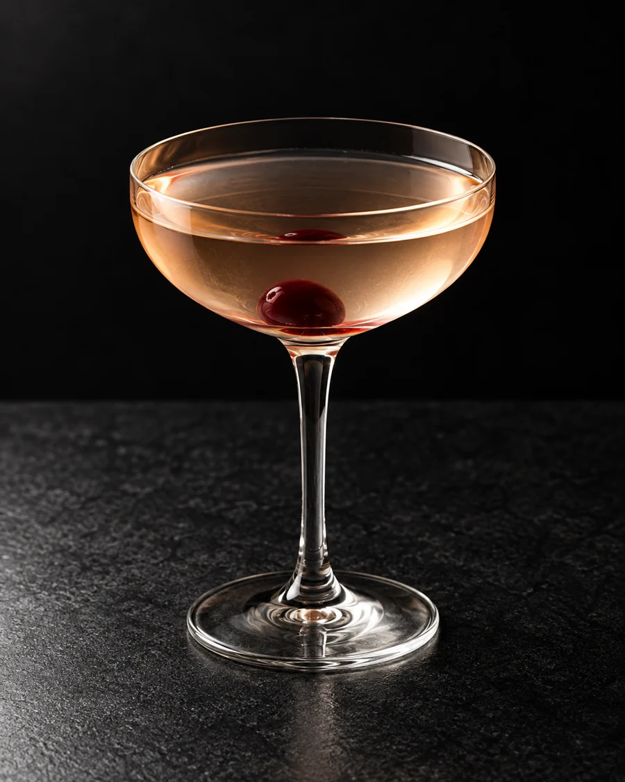 clear faintly blush-gold Fairbanks in a coupe with one cherry, no ice.