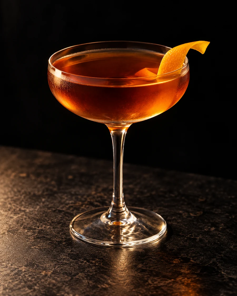 Fall On Me: Clear amber cocktail in a chilled coupe without ice, with an orange twist.