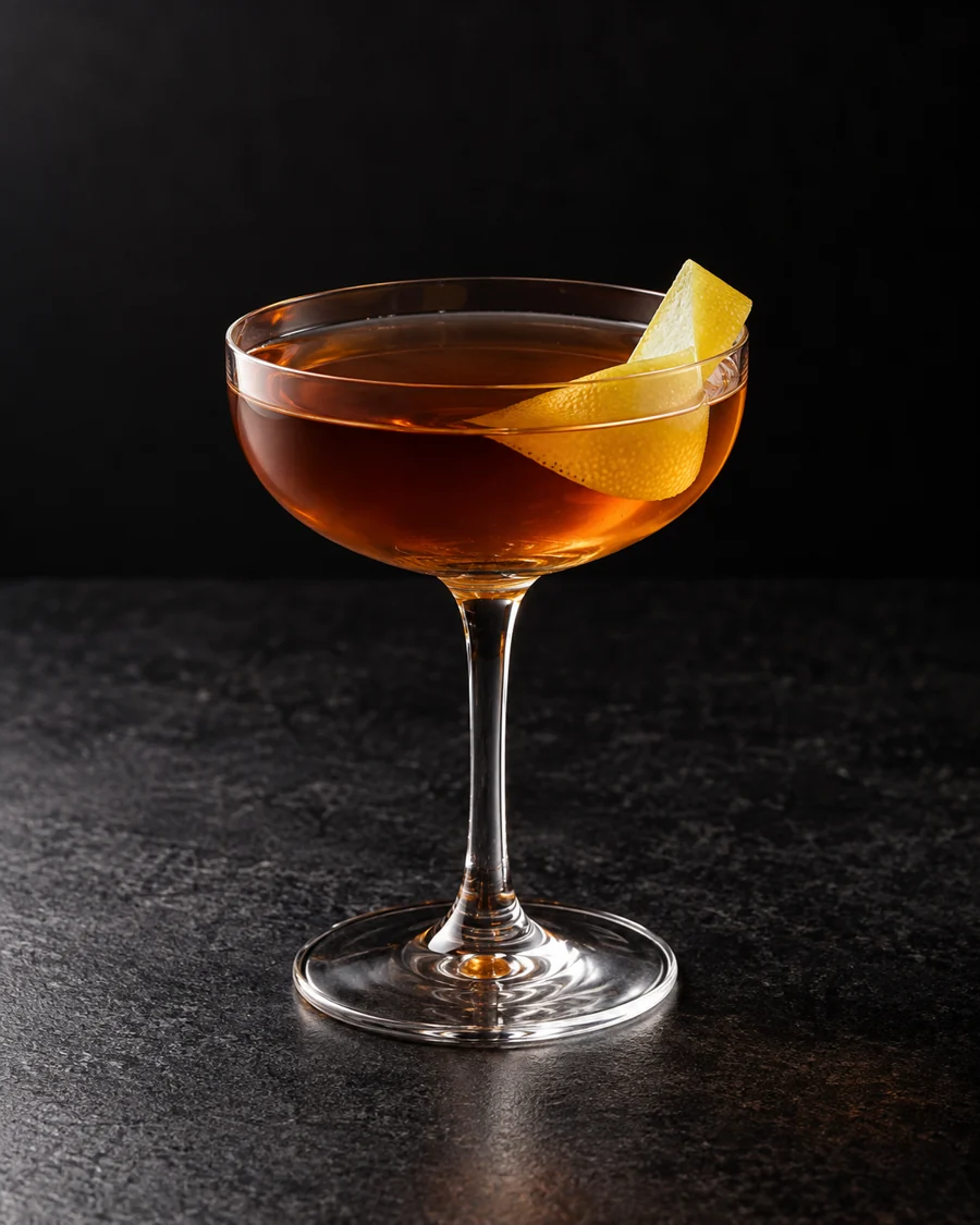 clear amber Fallen Leaves in a small coupe with broad lemon twist, no ice.