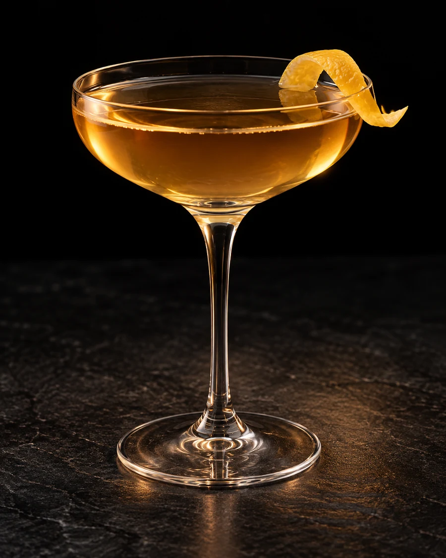 Familia Cocktail in a coupe, served without ice, garnished with lemon peel, against a black background.