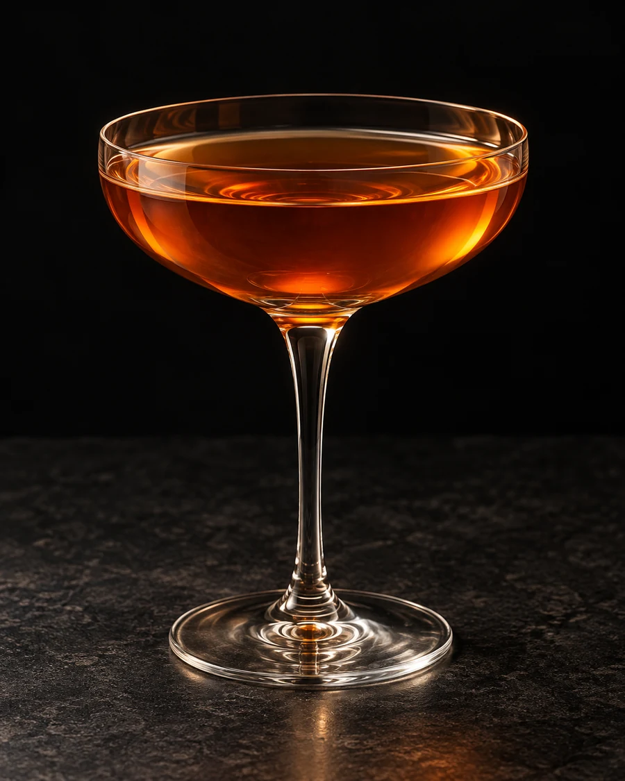Fancy-Free in a coupe glass, without ice, ungarnished, against a black background.