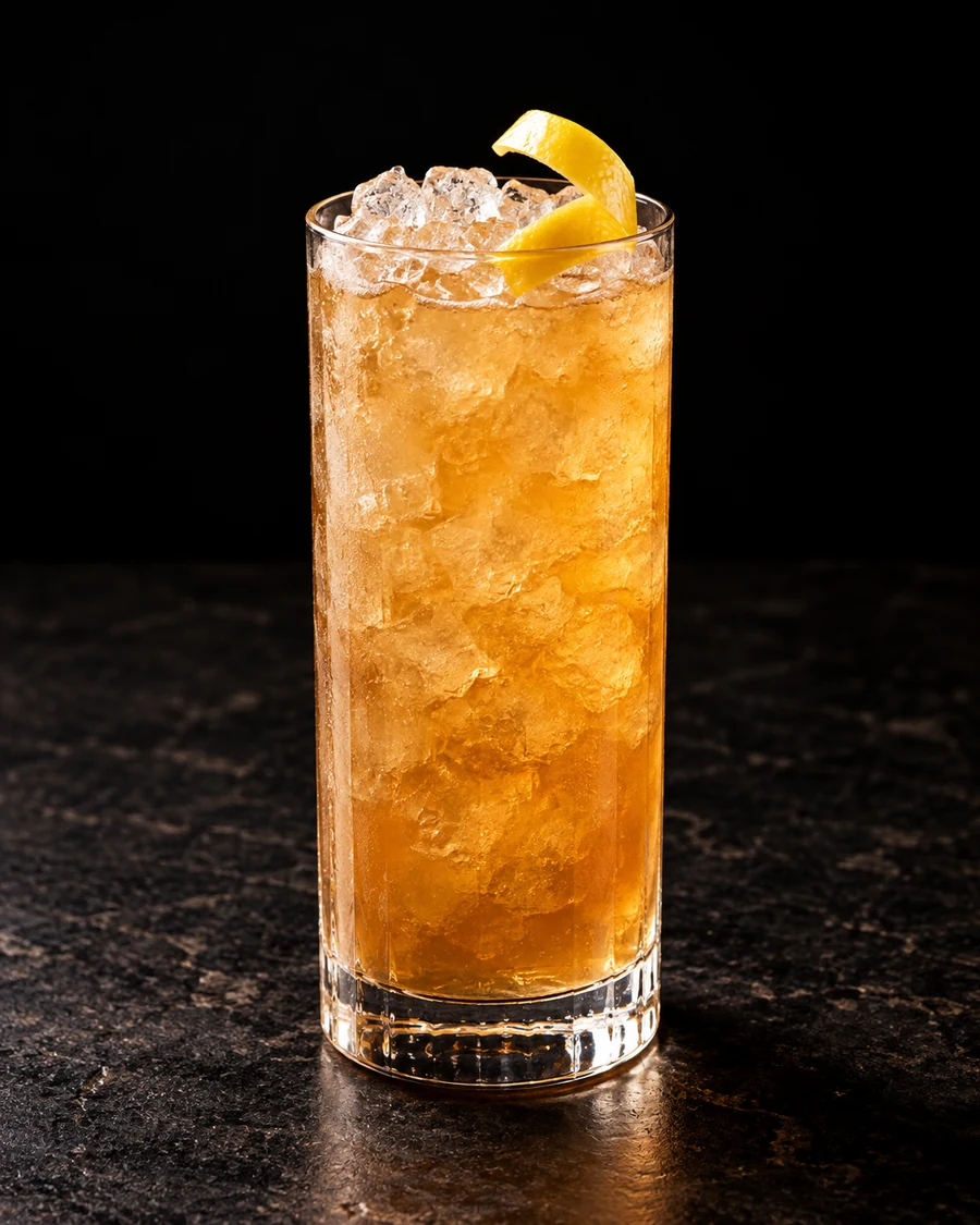Fenton's Phantom: Golden-amber cocktail in a tall Collins glass packed with crushed ice and a lemon twist.
