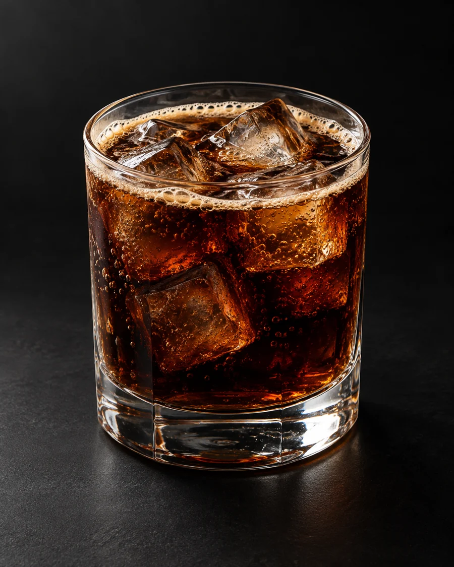 Fernandito served in a rocks glass against a black background.