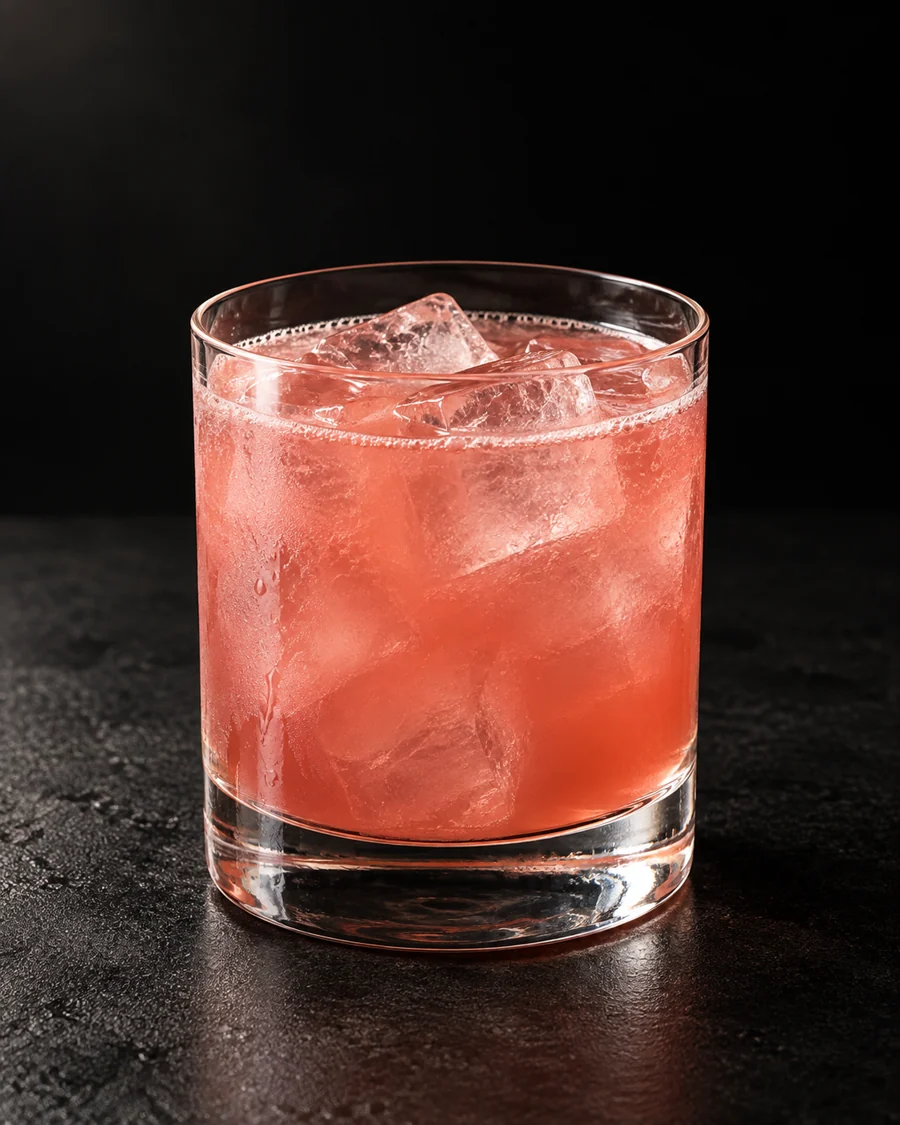 cloudy rosy Festa in a rocks glass over fresh ice without garnish.