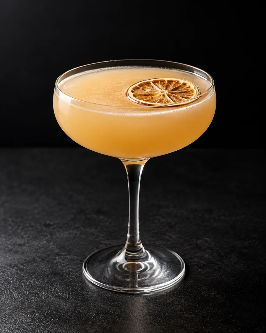 Cloudy peach-gold Fig #4 in a coupe with a dried lemon wheel, no ice.