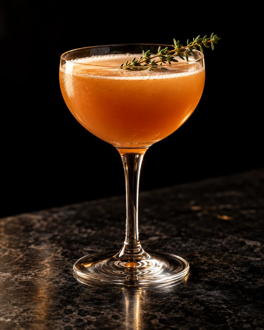 Fig-ure of Speech. Nick & Nora glass without serving ice, cloudy amber fig/citrus body with fine natural froth and thyme sprig.