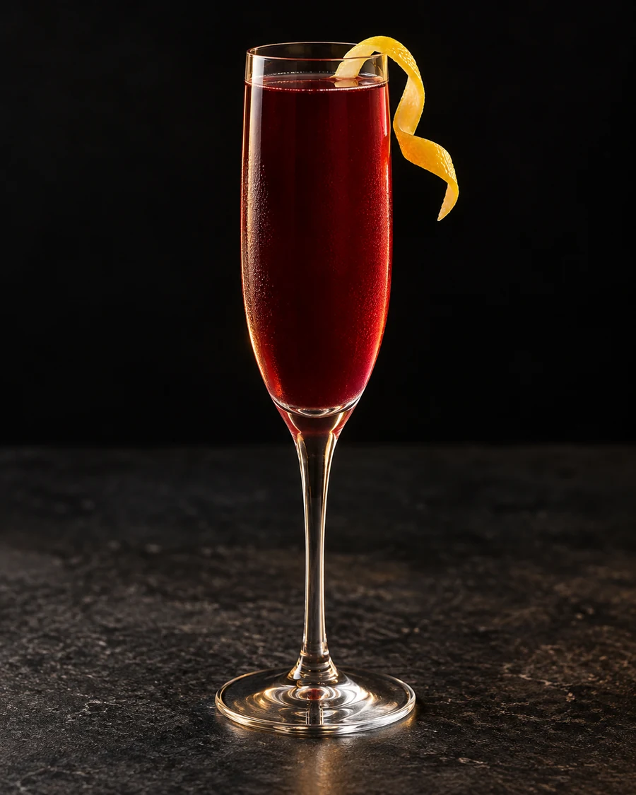 Figurati in a flute, served without ice, garnished with lemon peel, against a black background.