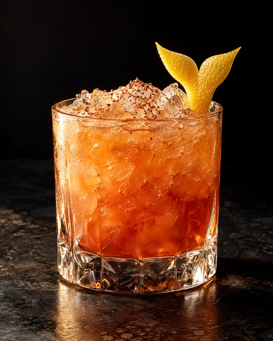 Fiji Mermaid: Orange-red cocktail over crushed ice in a rocks glass, with a forked lemon-peel mermaid tail and grated nutmeg.
