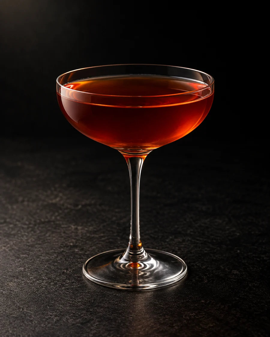 clear amber-red Fin de Siècle in a coupe without ice or garnish.