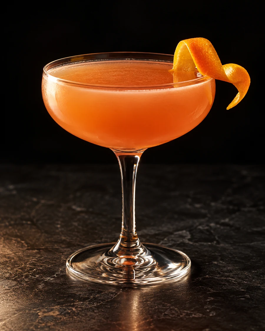 Final Ward Eight: Cloudy orange-peach cocktail in a chilled coupe without ice, with an orange twist.