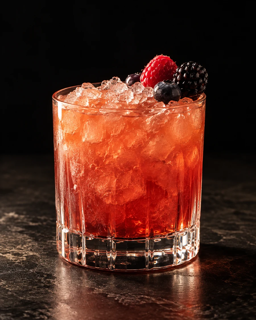 Firenze Fix: Red-coral cocktail in a rocks glass with crushed ice and a cluster of raspberries, blackberries and blueberries.