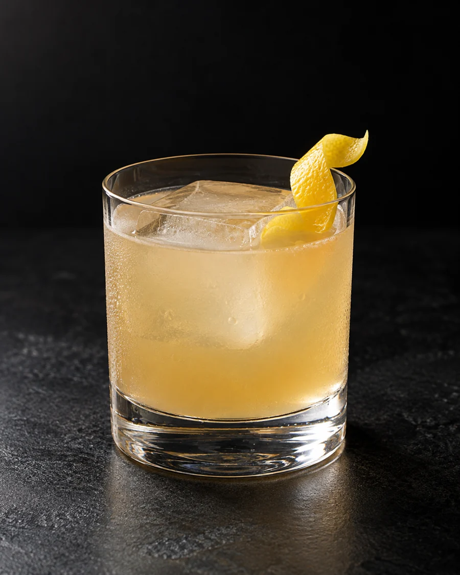 cloudy pale golden Fitzgerald in a rocks glass over one large cube with lemon twist.