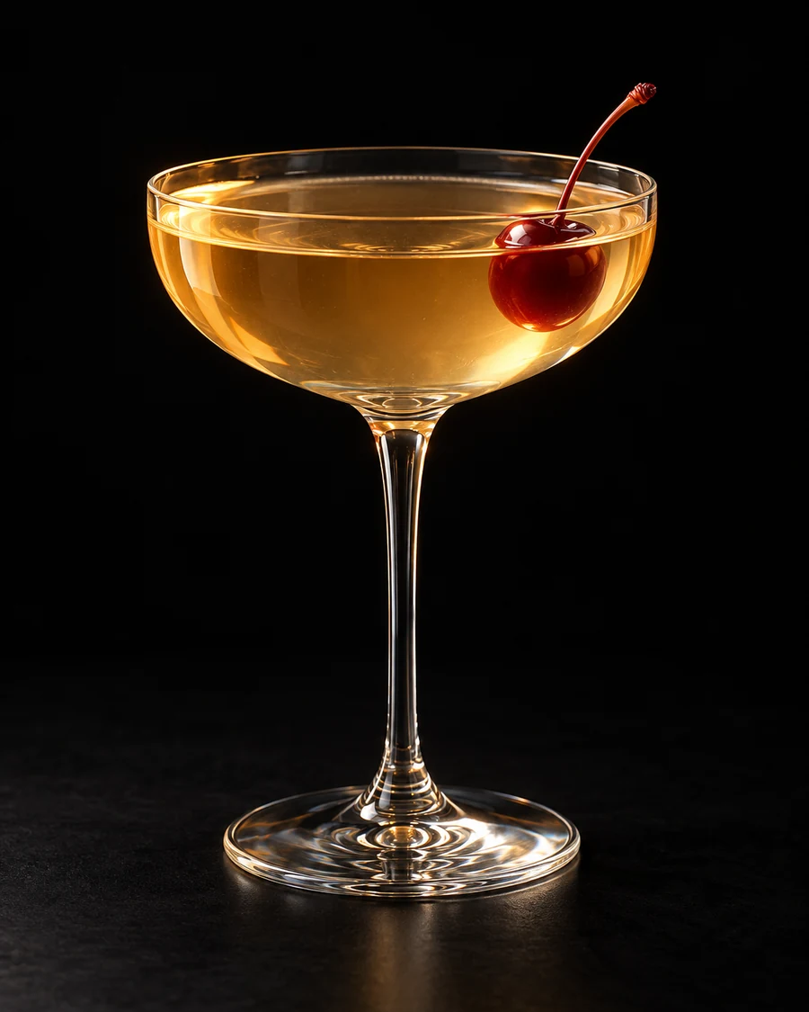Flash Cocktail in a coupe, serve without ice, with Cherry, against a black background.