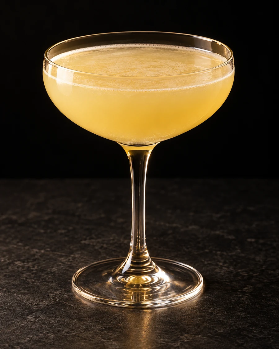 Flock Reviver in a coupe, served without ice, ungarnished, against a black background.
