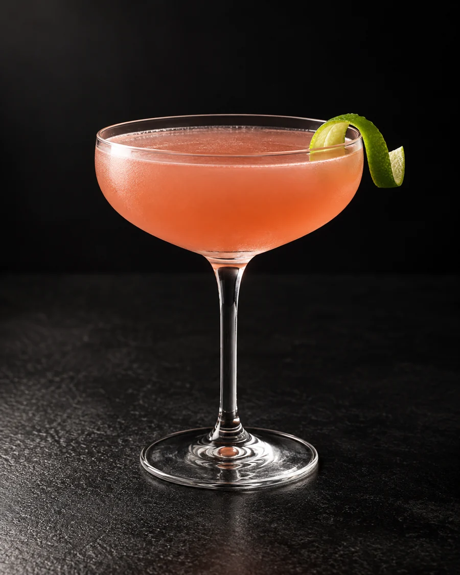 cloudy rose-gold Floridita in a coupe with lime twist, no ice.