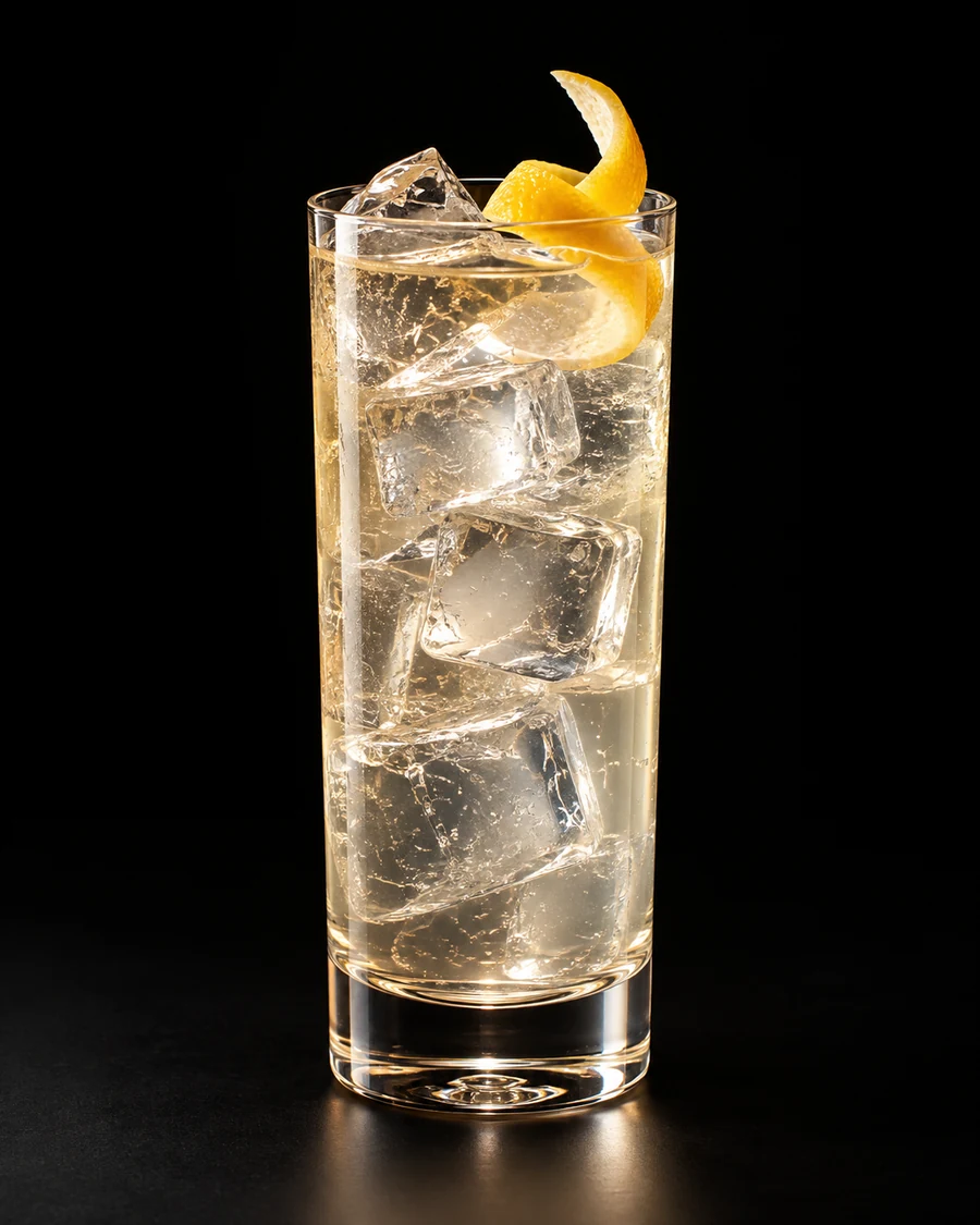 Flying Dutchman in a highball, fresh cubed ice for service, with Lemon Twist, against a black background.