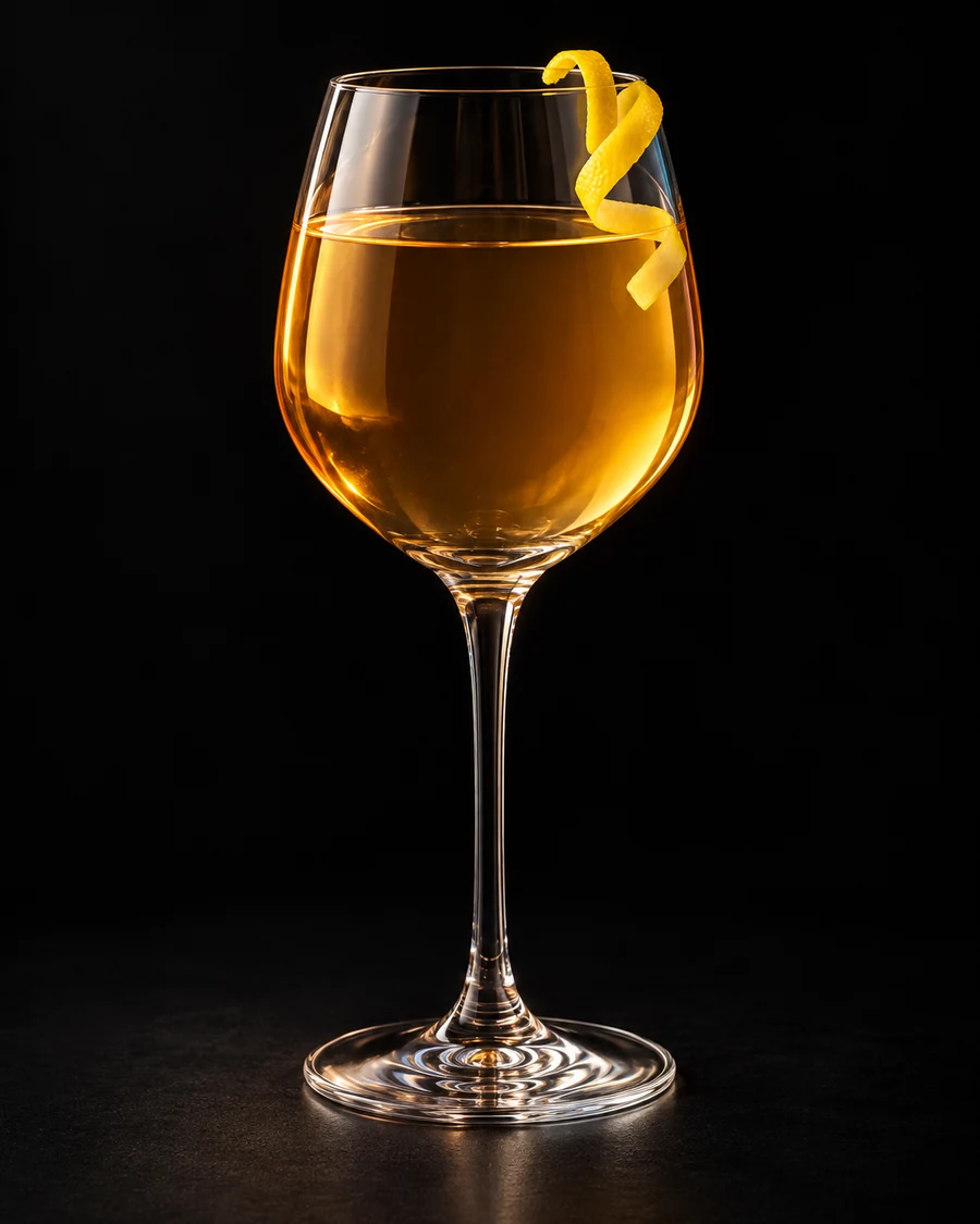 Flying Fortress Cocktail in a wine, serve without ice, with Lemon Twist, against a black background.