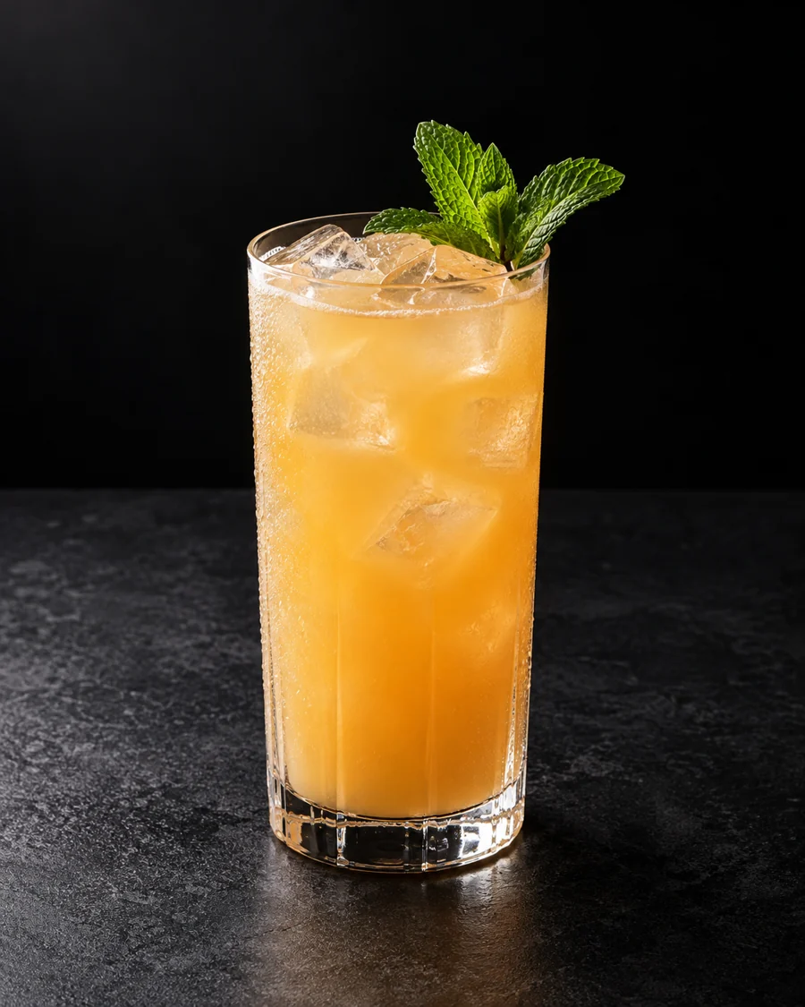 Cloudy pale orange Fog Cutter in a highball over ice with mint sprig.