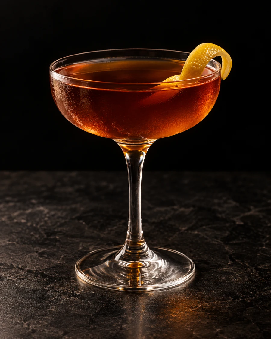 Folly Ruins: Amber-brown drink in a coupe, lemon twist and no serving ice.