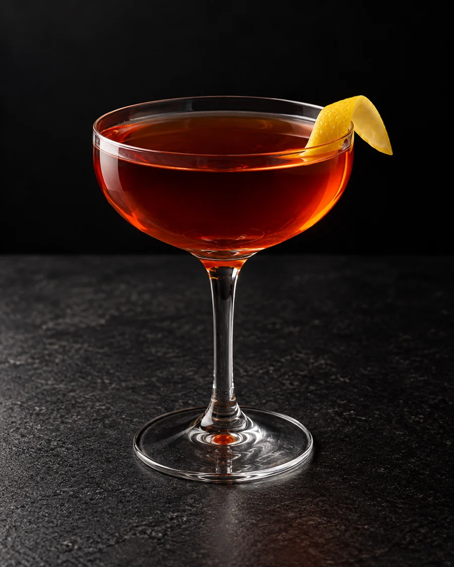 clear deep amber-red Fort Point in a coupe with lemon twist, no ice.