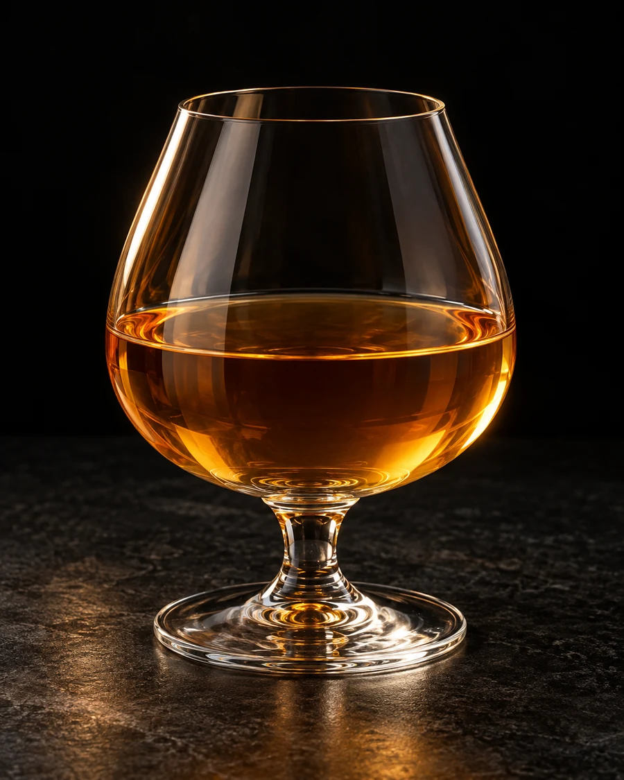 Four on the Floor in a snifter, served without ice, ungarnished, against a black background.
