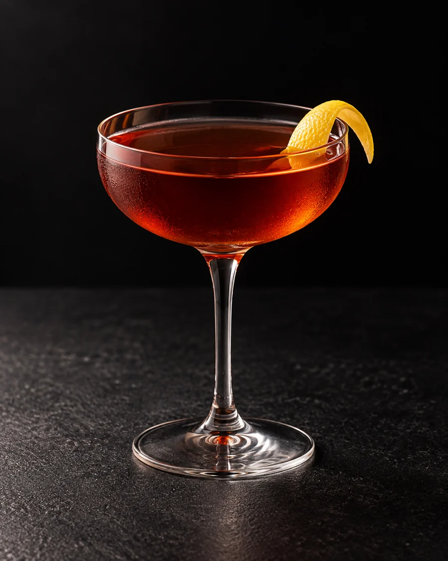 clear amber-red Fourth Regiment in a coupe with lemon twist, no ice.