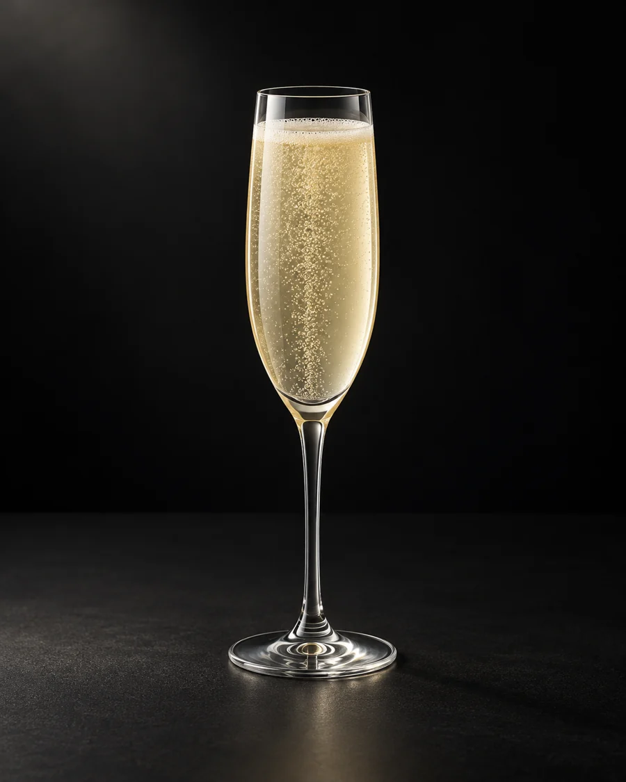 French 75 served in a flute glass against a black background.
