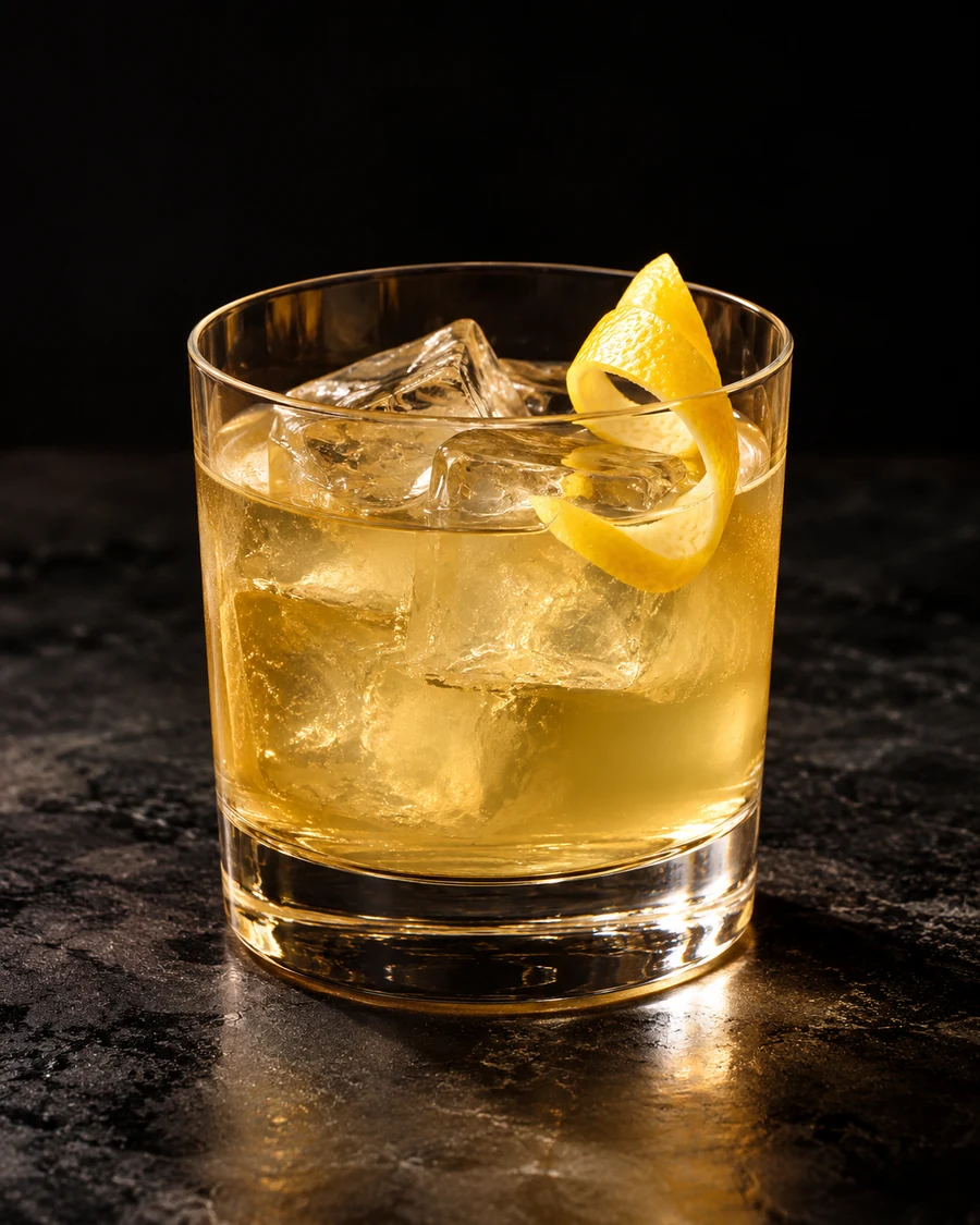 French Film: Pale golden cocktail in a rocks glass over clear ice cubes with a curled lemon twist.