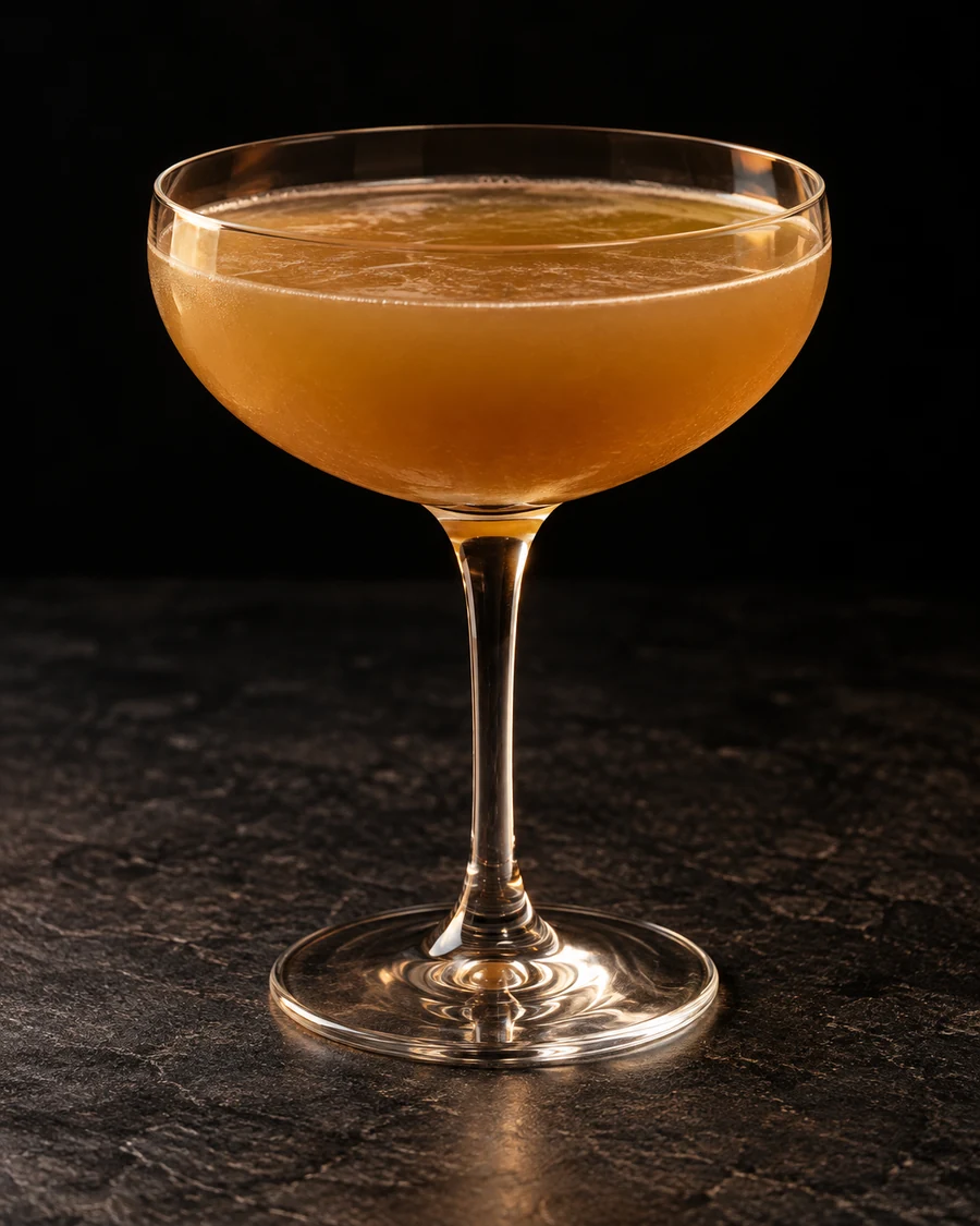 French Hay Ride in a coupe, served without ice, ungarnished, against a black background.
