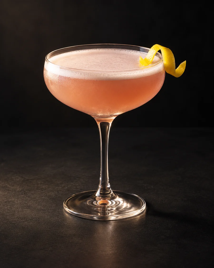 French Martini served in a coupe glass with a lemon twist against a black background.