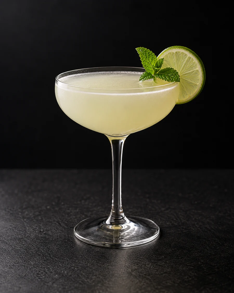 Pale, softly cloudy French Pearl in a coupe with lime wheel and mint sprig, no ice.