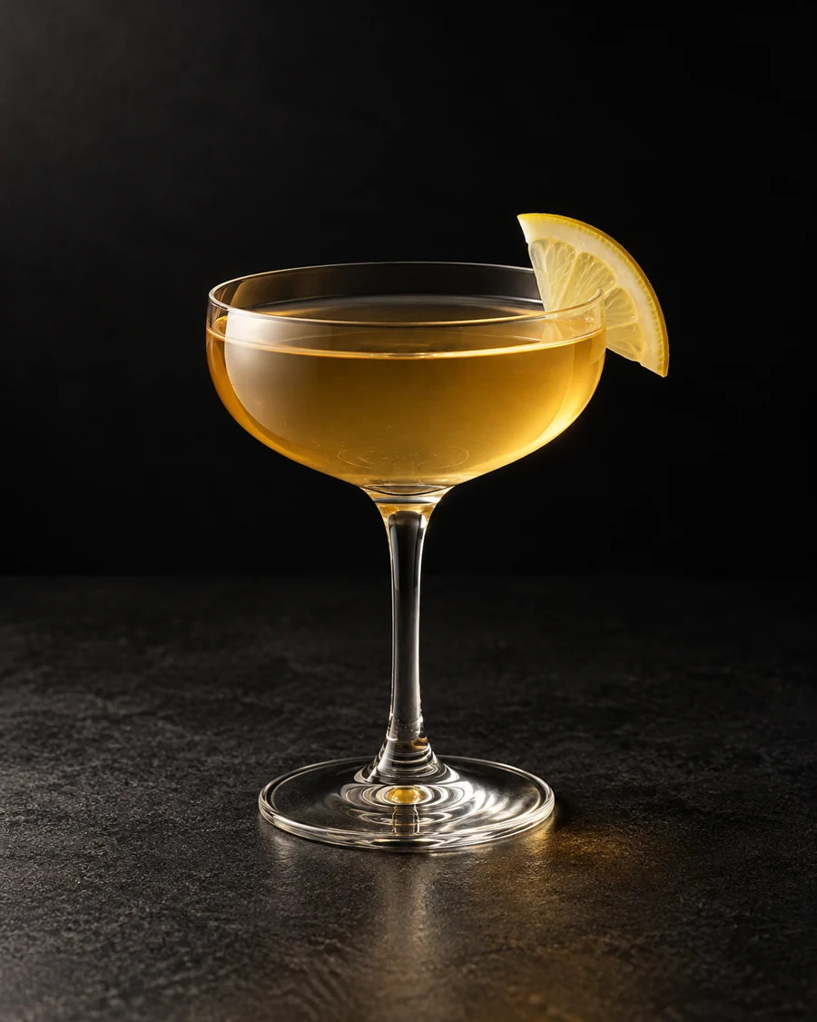 clear golden French Quarter in a small coupe with a thin lemon quarter-wheel, no ice.
