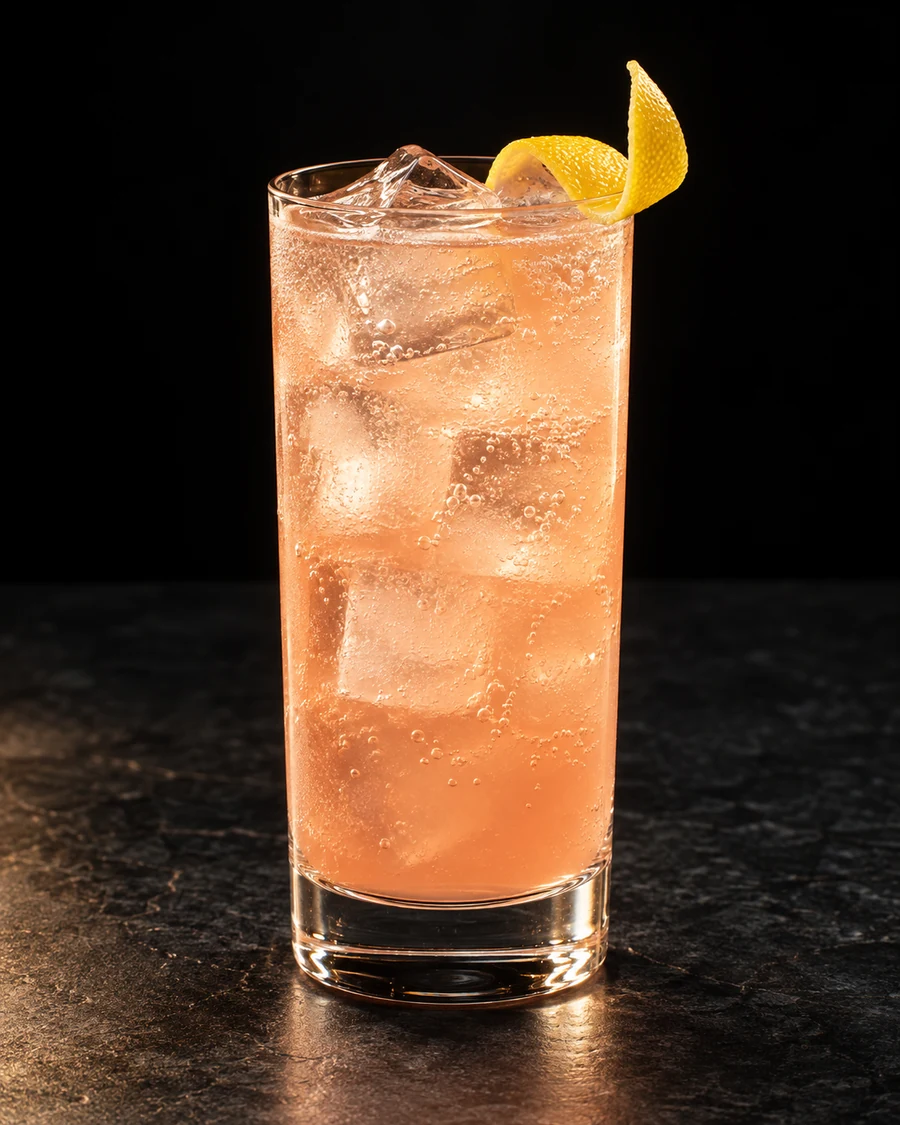 Freret Fizz in a highball glass, over fresh ice cubes, garnished with lemon peel, against a black background.