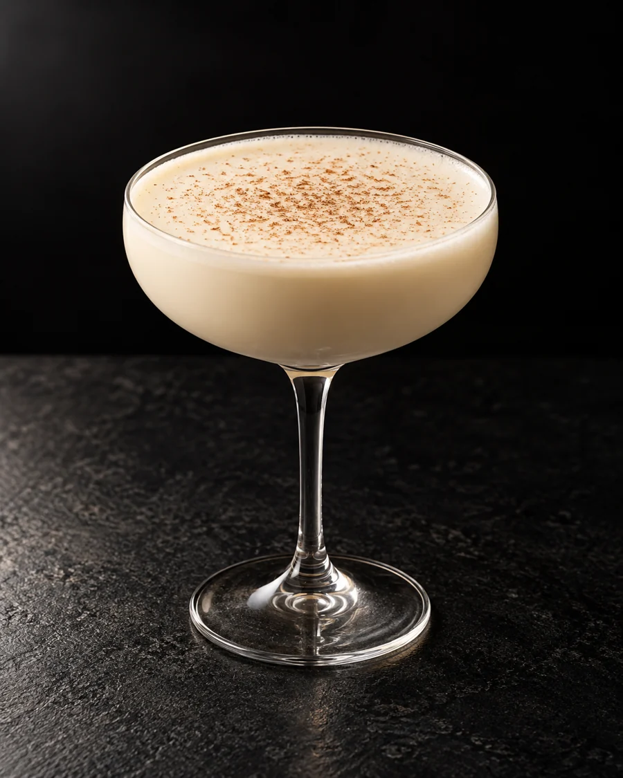 opaque ivory Frostbite in a coupe with light nutmeg dusting, no ice.
