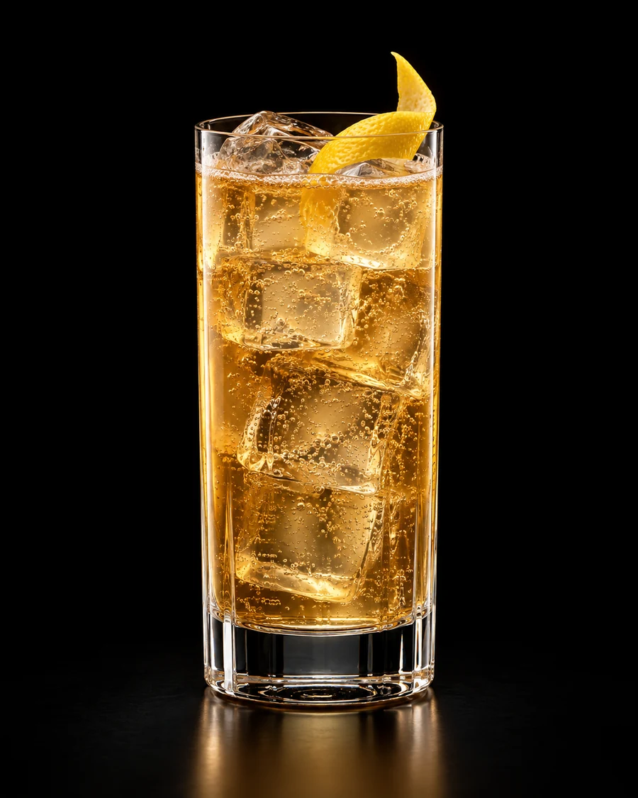 Funchal, Four PM in a highball, fresh cubed ice for service, with lemon peel, against a black background.