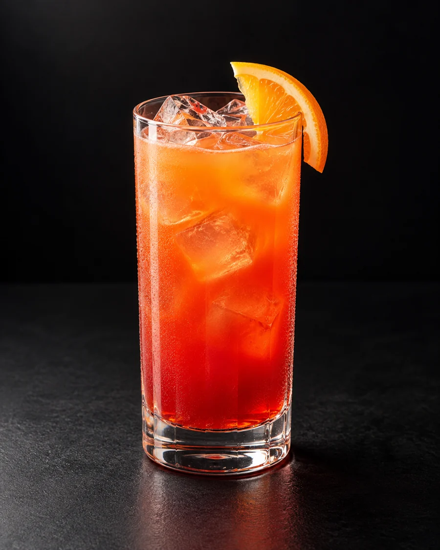 Garibaldi served in a highball glass with an orange wedge against a black background.