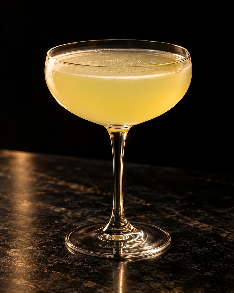 Geisha. Coupe served without ice and without garnish, pale yellow body and very thin natural froth.