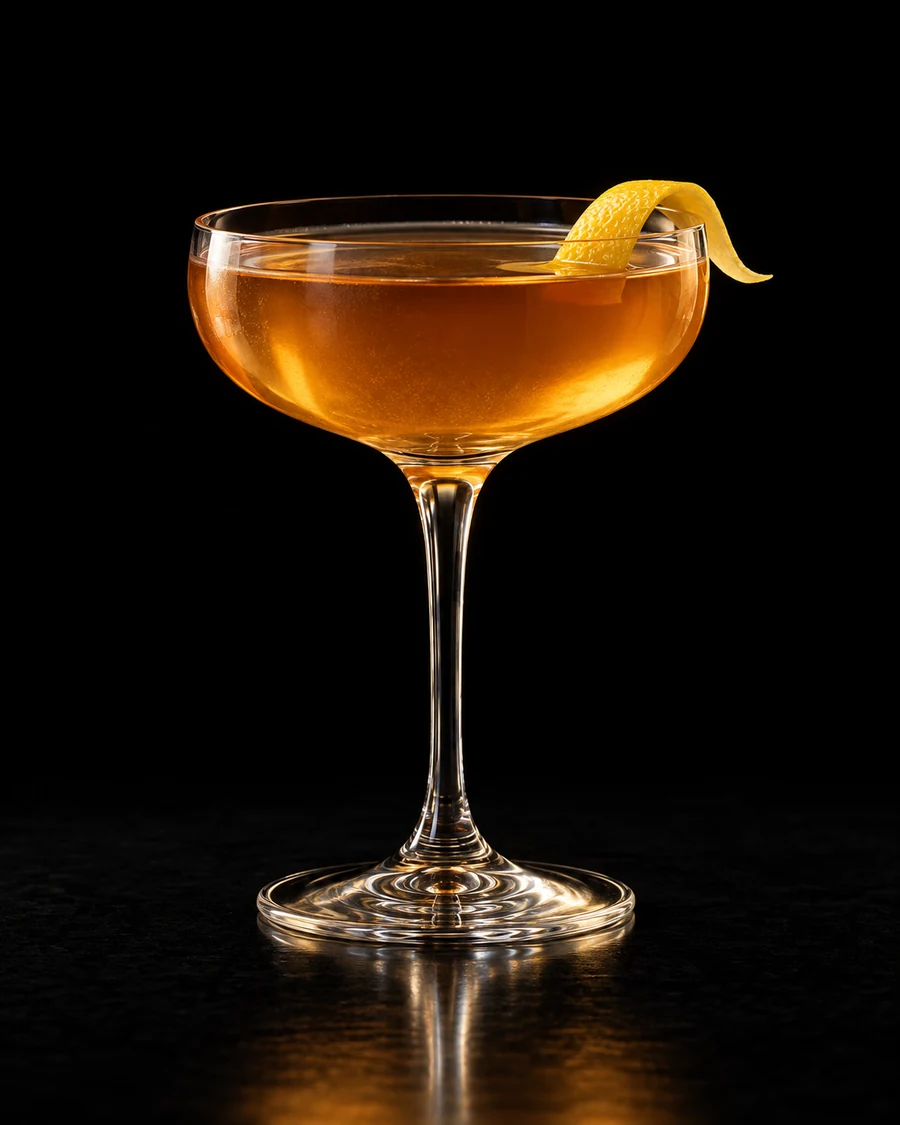 Gentleman Caller in a coupe, serve without ice, with lemon twist, against a black background.