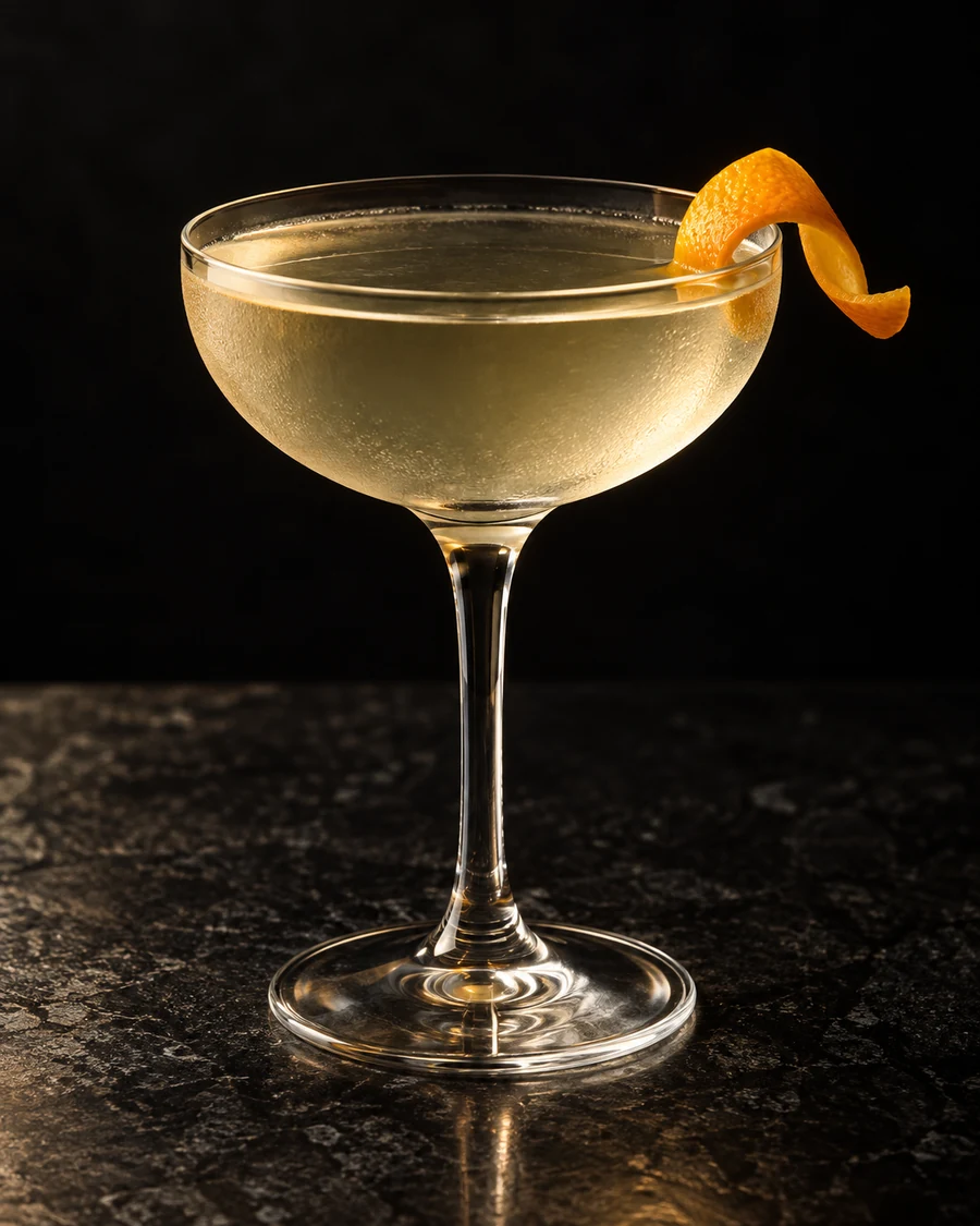 Georgetown Tuxedo: Pale straw clear cocktail in intact coupe, orange twist, no ice.