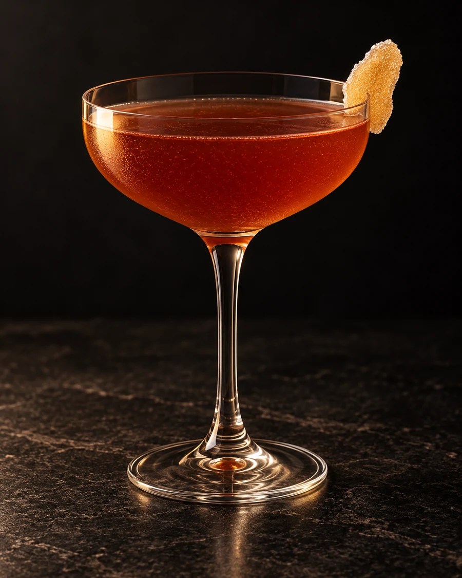 Ghost Rider in a chilled coupe, served without ice, with candied ginger, against a black background.