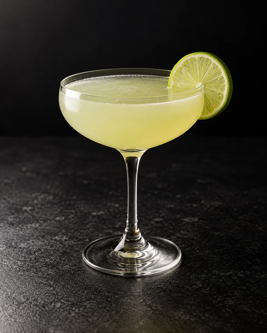 Pale cloudy yellow-green Gimlet in a coupe without ice, with a lime wheel.