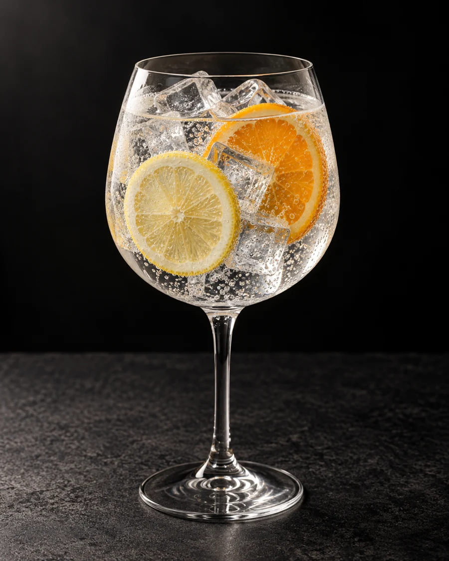 Clear sparkling gin and tonic in a large wine glass filled with ice, lemon and orange wheels.