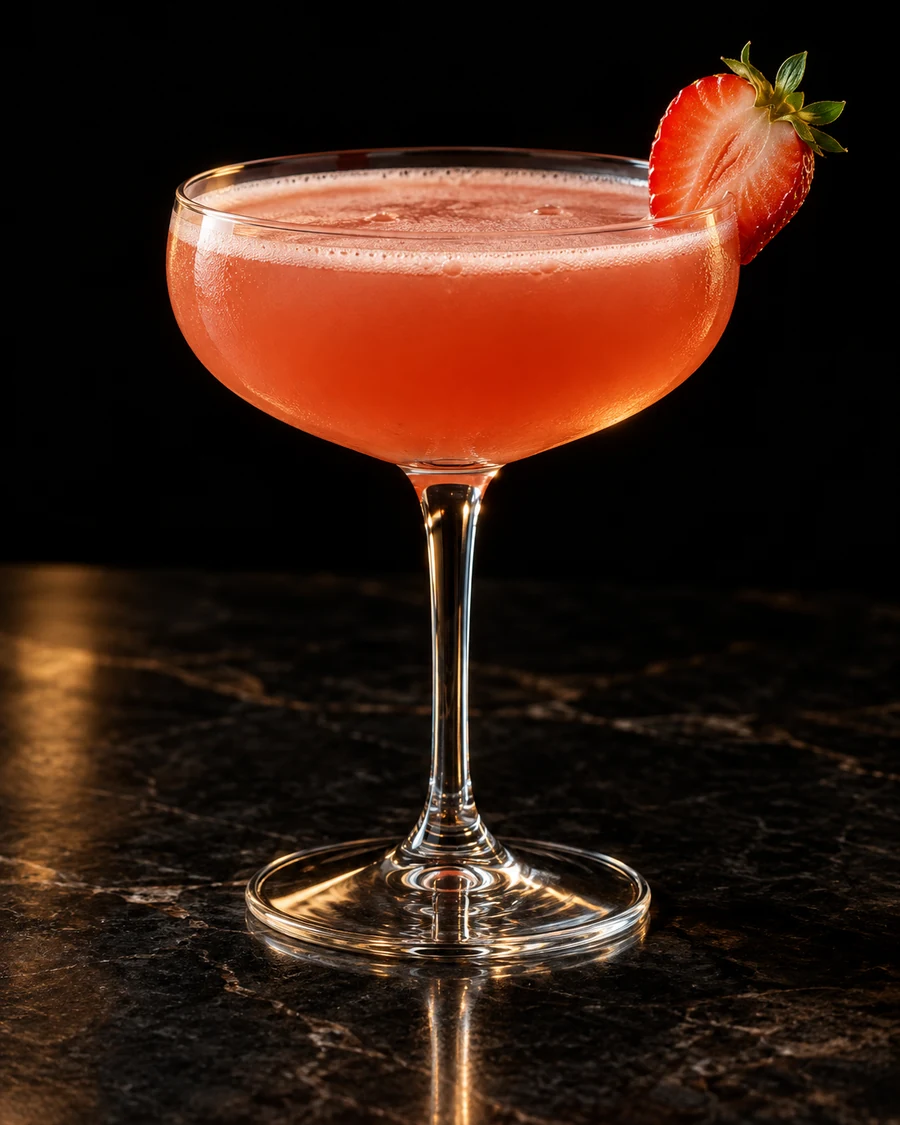 Gin Blossom. Coupe glass with a pink strawberry-gin drink, thin natural froth, no ice and a fresh strawberry.