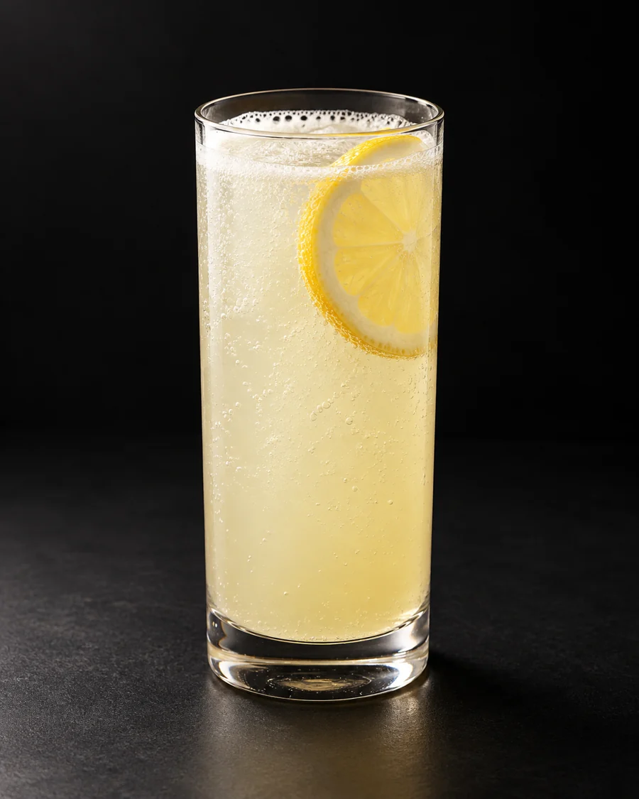 Gin Fizz served in a highball glass with a lemon slice against a black background.