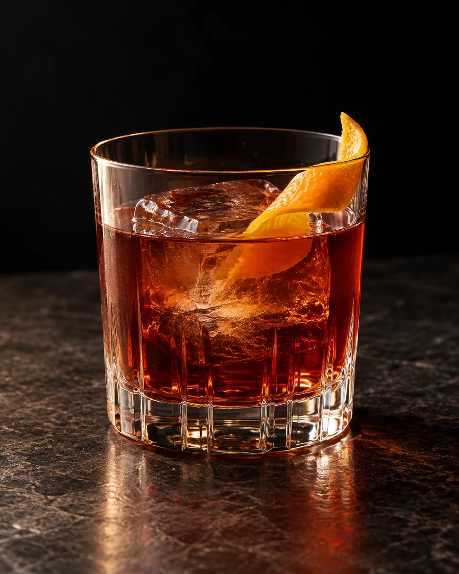 Gin Gin Carre!: Ruby-amber cocktail in a rocks glass over one large ice cube with an orange twist.