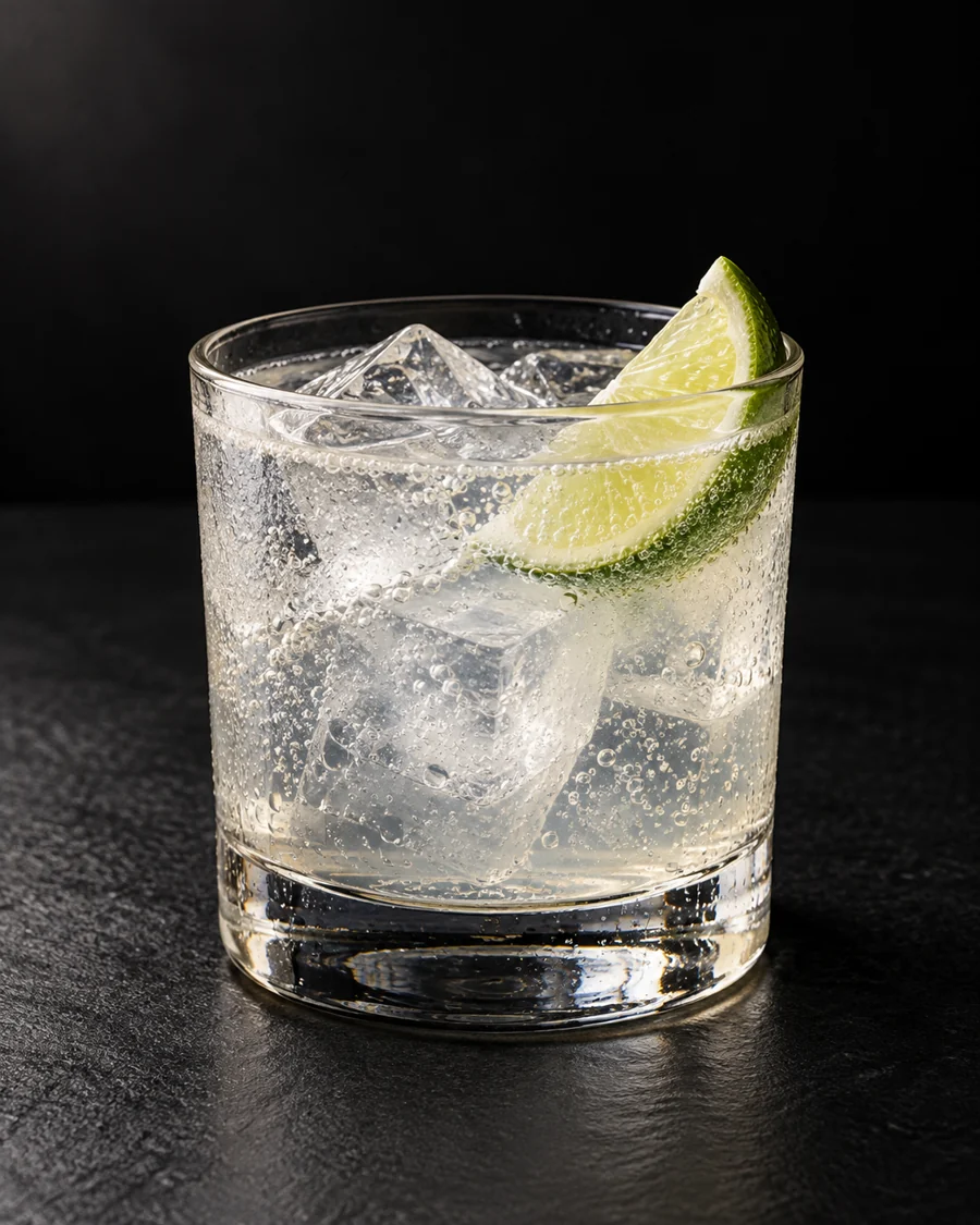 Nearly clear Gin Rickey over ice cubes in a rocks glass with a lime wedge.