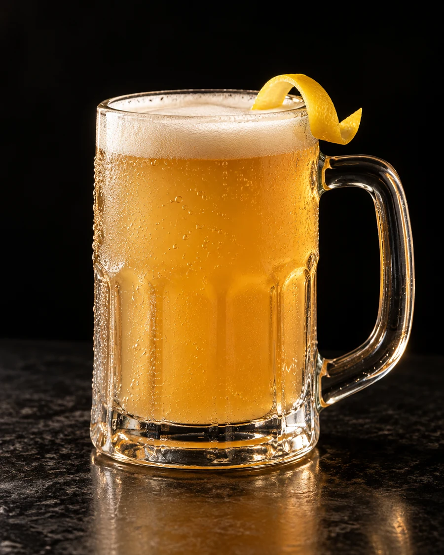 Gingerella. Clear beer mug with a hazy golden wheat-beer cocktail, modest beer head, no ice and a lemon twist.