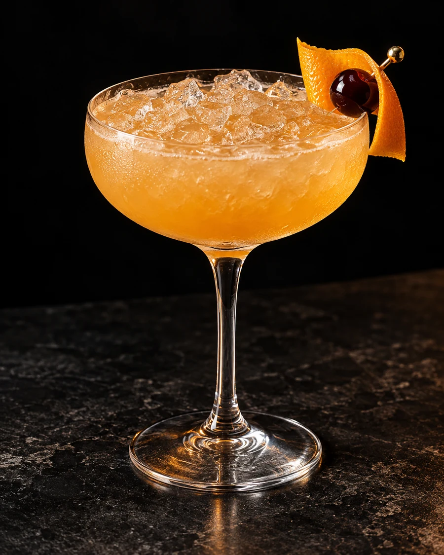 Ginui Nui: Orange-gold cocktail in a stemmed coupe over crushed ice with an orange peel and dark cherry flag.