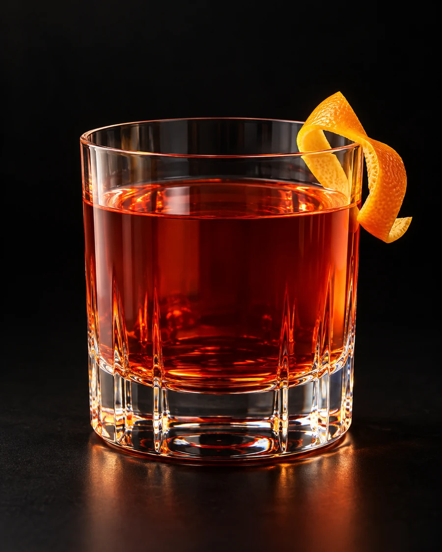 Gloria in a rocks, serve without ice, with Orange Twist, against a black background.