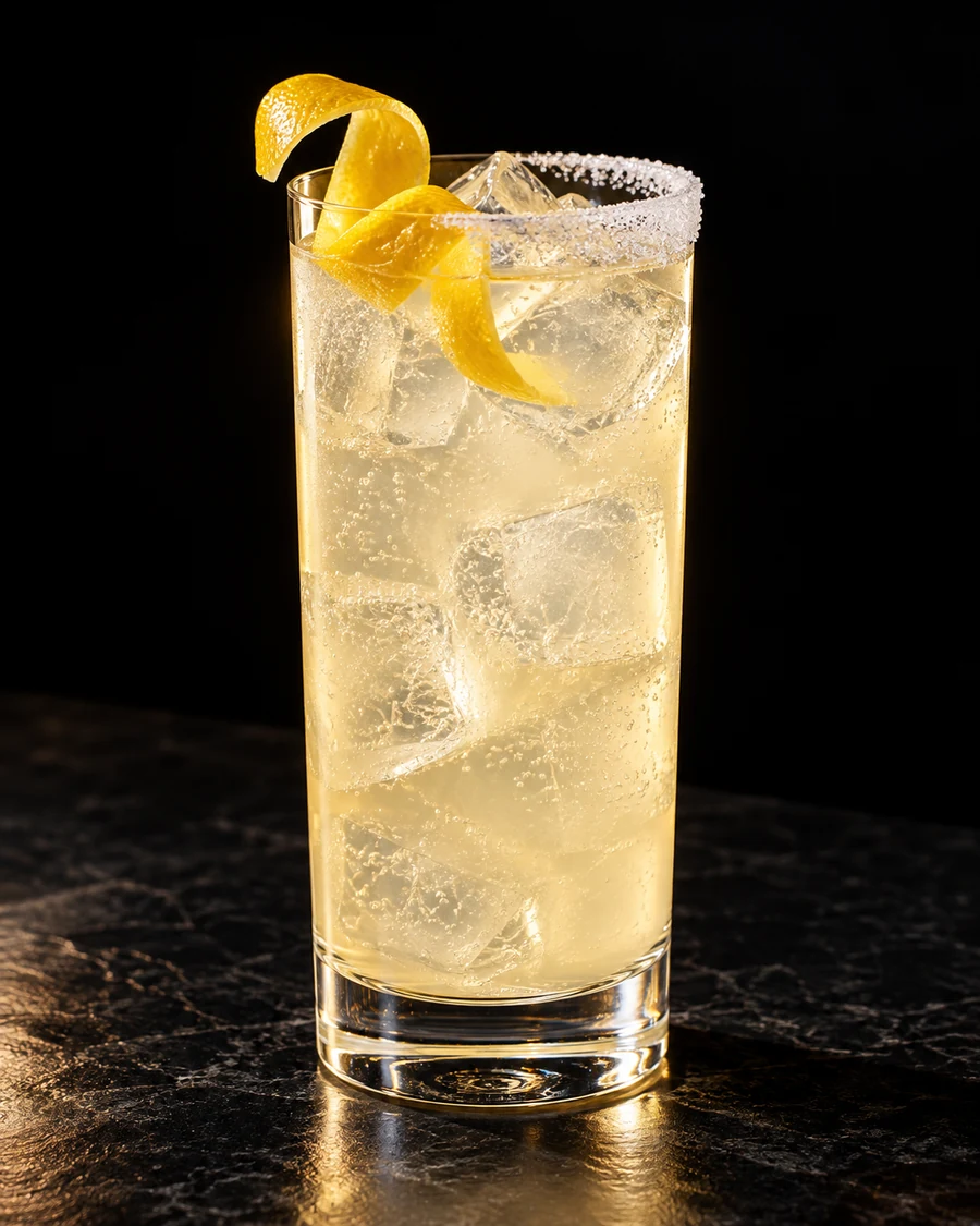 Glory Daze. Highball with fresh cubed ice, pale yellow sparkling body, lemon peel and white-sugar half-rim; no prep lime wedge.